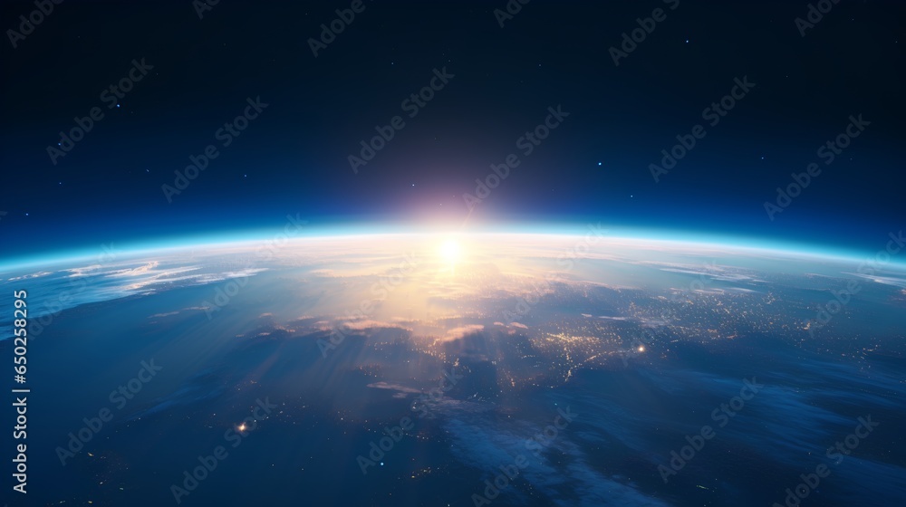 A breathtaking view of the sunrise as seen from the orbit of space, with the suns golden rays illuminating the curvature of the Earth against the vast, starstudded expanse of the cosmos. - obrazy, fototapety, plakaty 