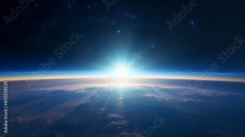 A breathtaking view of the sunrise as seen from the orbit of space, with the suns golden rays illuminating the curvature of the Earth against the vast, starstudded expanse of the cosmos. photo