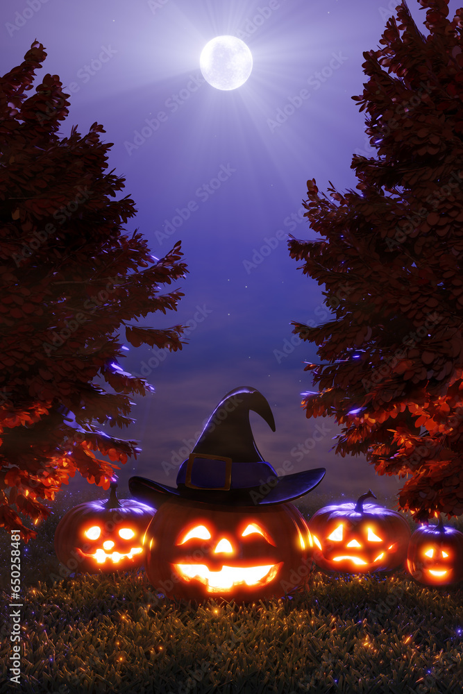 Happy Halloween. Glowing jack-o'-lanterns in a witch's hat in the moonlight. 3D rendering