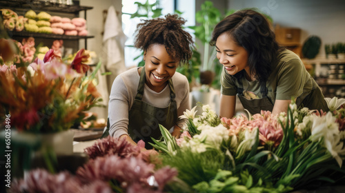 Portrait of two happy women working in flower shop © MP Studio