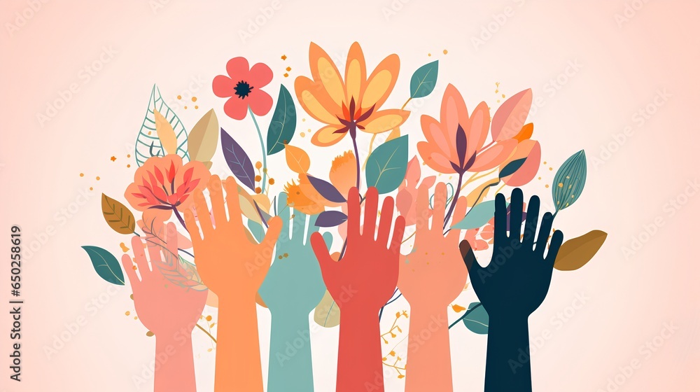 A vibrant, abstract illustration featuring a variety of diverse hands reaching upwards, intertwined with intricate floral elements, symbolizing unity, diversity, and nature. A vibrant, abstract illustration featuring a variety of diverse hands reaching upwards, intertwined with intricate floral elements, symbolizing unity, diversity, and nature.