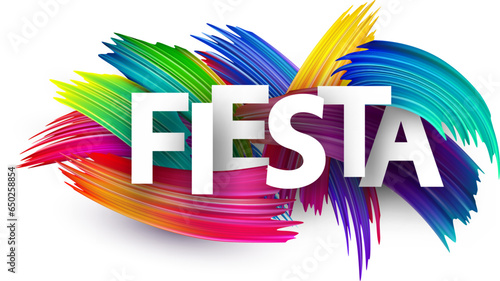 Fiesta paper word sign with colorful spectrum paint brush strokes over white.