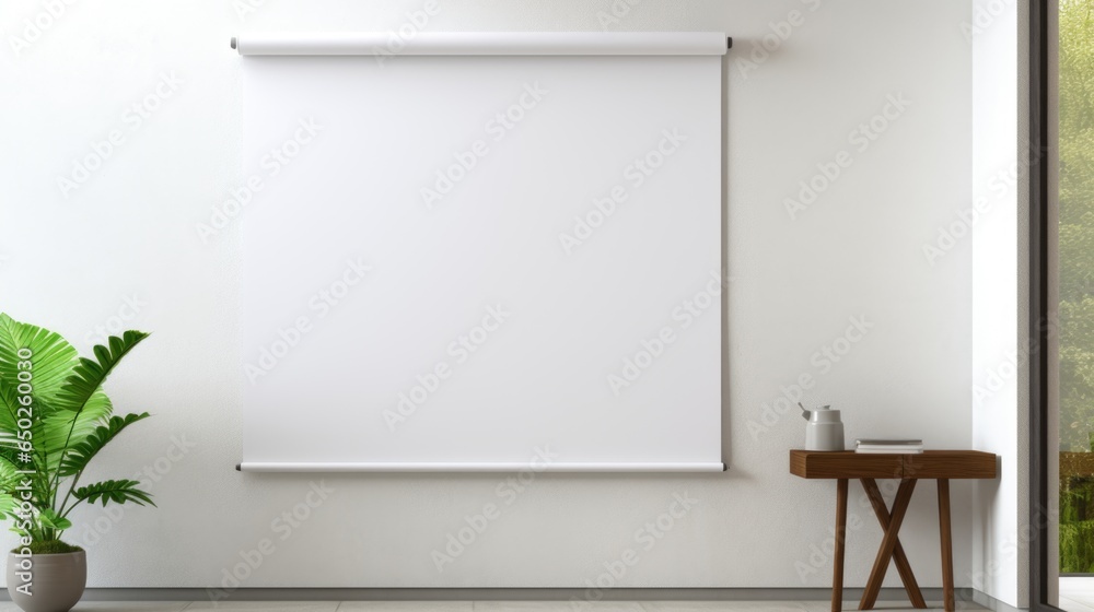 Mockup of a white paper roll hanging on the wall side view with a clipping path ing Mockup of a paperhanging wallpaper Scroll template for home decoration Canvas in room interior. Mockup of a white paper roll hanging on the wall side view with a clipping path ing Mockup of a paperhanging wallpaper Scroll template for home decoration Canvas in room interior.
