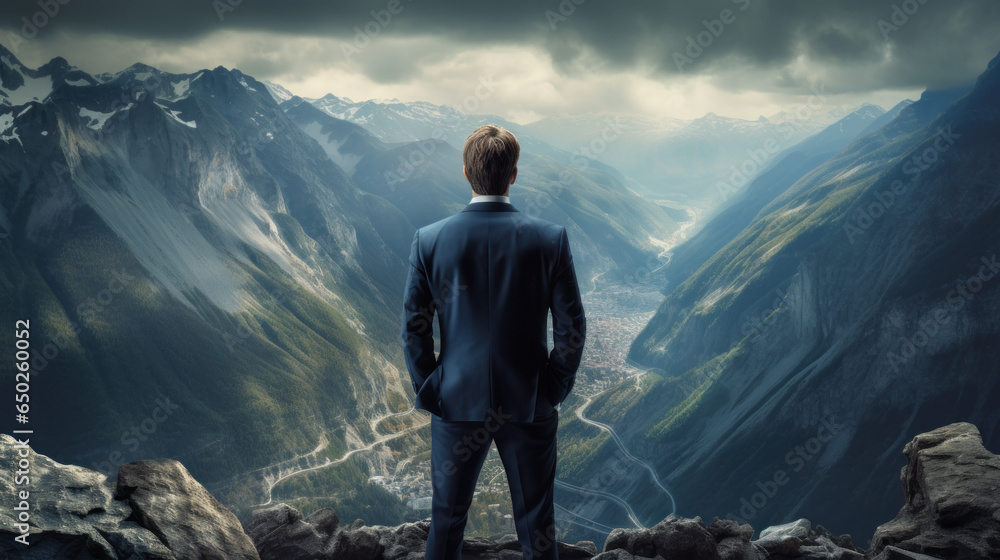 Businessman standing on the edge of a cliff - obrazy, fototapety, plakaty 