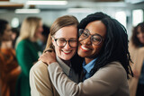 two women professionals hugging, belonging concept