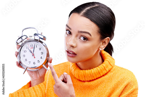 Fotografie Pointing, clock and portrait of woman with alarm on isolated, png and transparent background