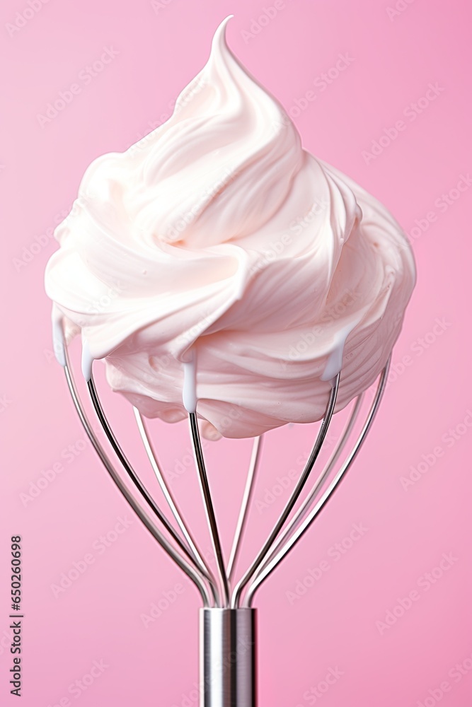Whipped cream on the whisk over pink background. Generative Ai Whipped cream on the whisk over pink background. Generative Ai