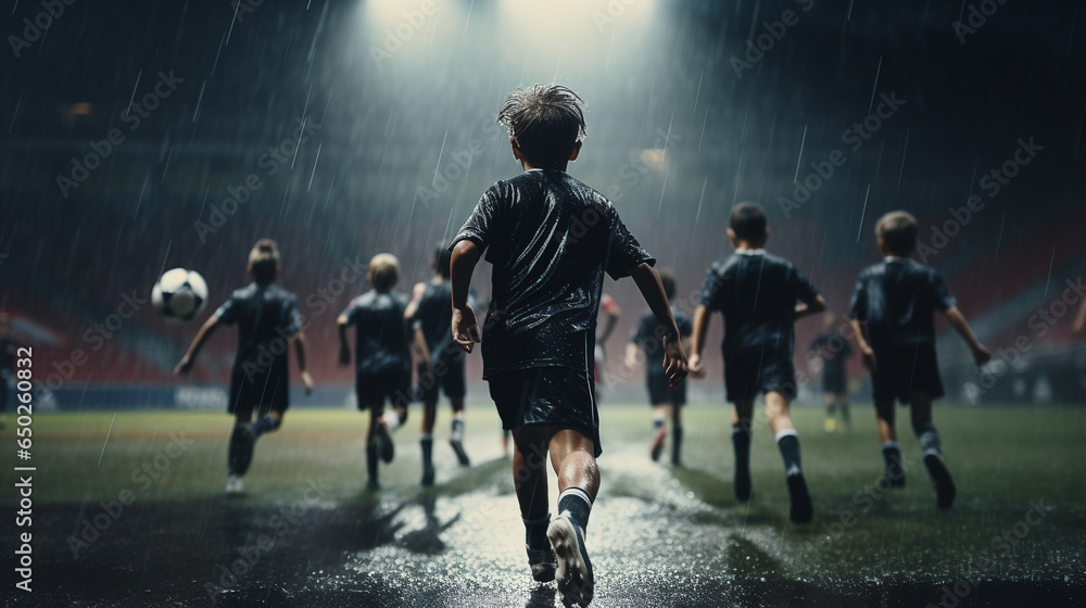 Back view of group of children running football. Dramatic lighting. Rain. stadium full of people and flags. Black color palette. Cinematic perspective. Soccer scenes. - obrazy, fototapety, plakaty 