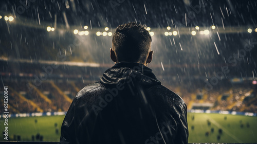 Back view of football fan watching soccer game. Dramatic lighting. Rain. stadium full of people and flags. Black color palette. Cinematic perspective. Soccer scenes. © MadSwordfish