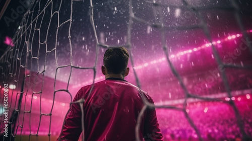 Back view of goal net with goalkeeper waiting for foward to shoot penalty. Dramatic lighting. Rain. stadium full of people and flags. Pink color palette. Cinematic perspective. Soccer scenes.