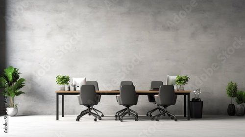 Fototapeta Naklejka Na Ścianę i Meble -  Photo front view on blank light grey wall with place for your logo or text in spacious industrial style coworking office.