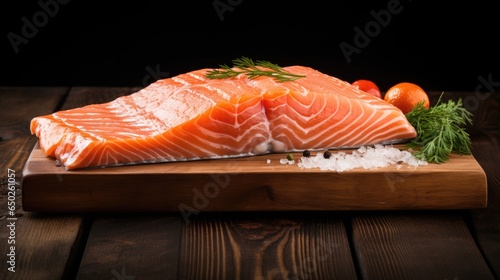 Salmon meat on wooden chopping block background for product display.