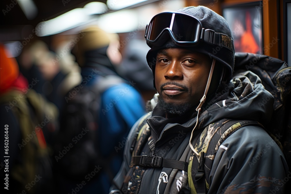 Portrait of a young African American in skiing equipment waiting in queue Portrait of a young African American in skiing equipment waiting in queue