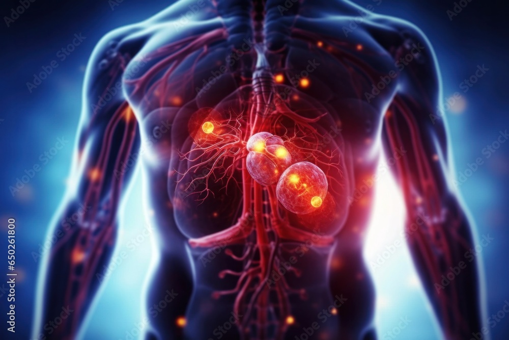 Chest pain highlighted in blue and red in persons body. Medical concept with areas of pain, chest, pancreas, heart, spline, spine Chest pain highlighted in blue and red in persons body. Medical concept with areas of pain, chest, pancreas, heart, spline, spine