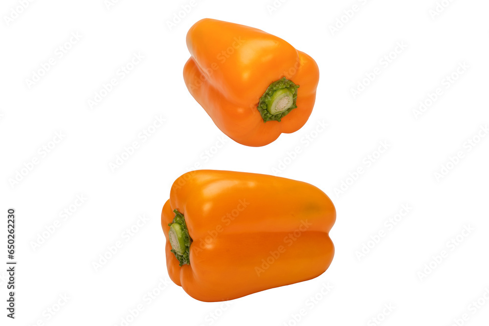 Orange bell pepper isolated on white background. Top view. Copy space. Orange bell pepper isolated on white background. Top view. Copy space.