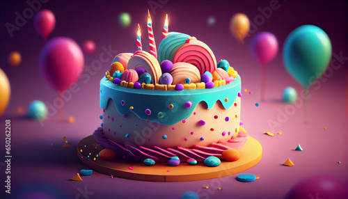 Colorful birthday cake with festive decorations, Ai generated image photo