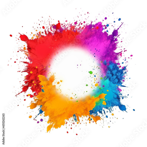 Holi powder Color splash paints round border isolated on white background colorful explosion, Generative ai
