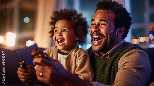 Father and son are playing video games together in a comfortable home