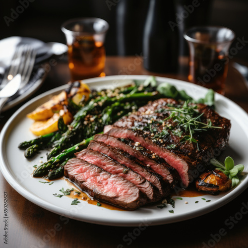 steak on a plate with green asparagus, premium beaf, 