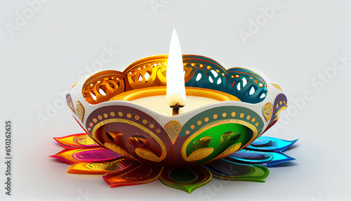 Colorful Diwali diya isolated, festival of lights, white background, Ai generated image photo