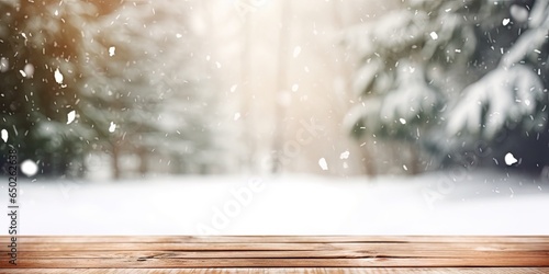 Winter tranquil embrace. Snowy forest scene with empty wooden table. Frosty wilderness. Nature christmas decor. Snowkissed wonderland. Season greetings. Sparkling snowfall in pines photo