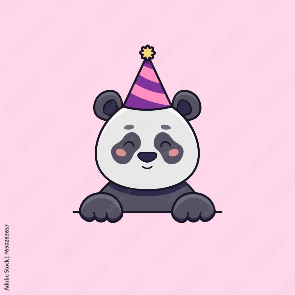 Cute panda is wearing a party hat. Vector flat illustration in cartoon style at birthday or other celebrations Cute panda is wearing a party hat. Vector flat illustration in cartoon style at birthday or other celebrations