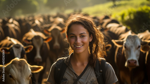Pastoral grace: A young woman, the steward of a dairy farm, stands near her cattle herd. In the quietude of the farm, a profound connection between human and animal unfolds. photo