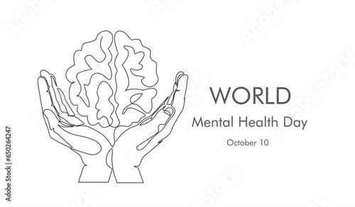 One continuous single line of hands hold brain.  World Mental Health day is observed every year on October 10, A mental illness is a health problem 