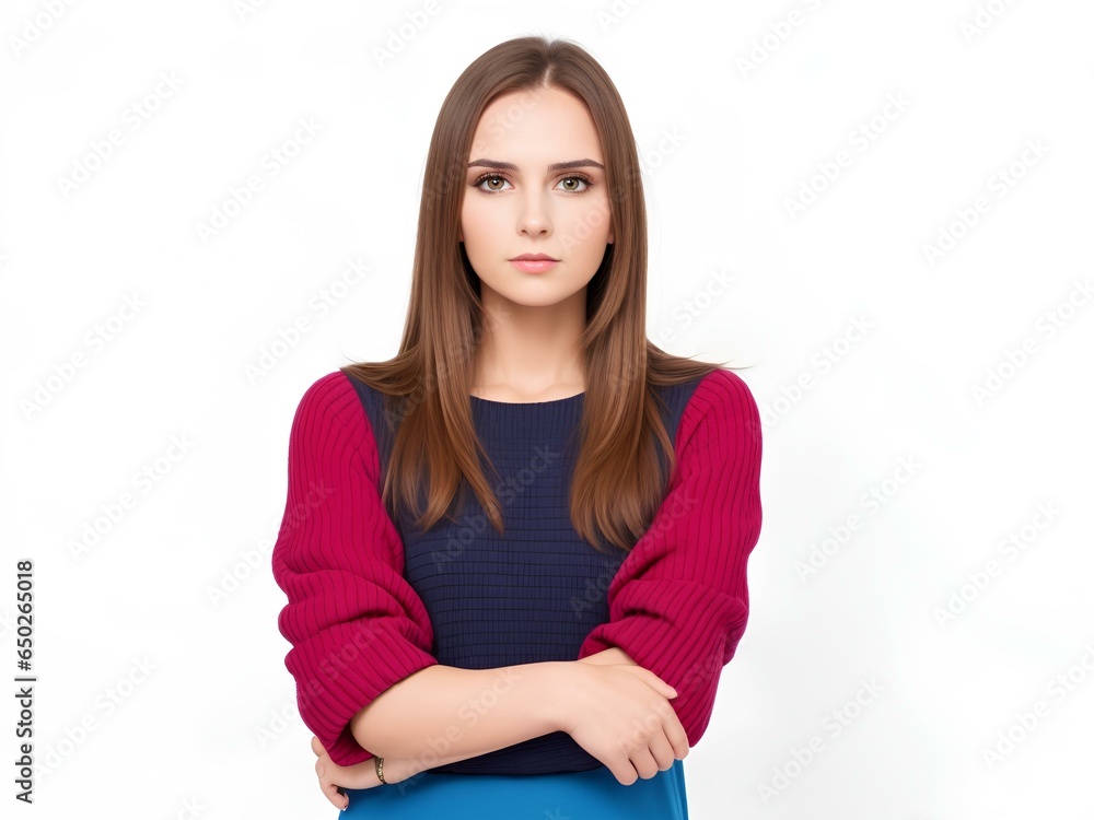 portrait of a woman standing in studio cross hand portrait of a woman standing in studio cross hand