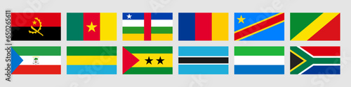 Set flags of Middle Africa, Angola, Cameroon, Central African Republic, Chad, Congo, Congo, Equatorial Guinea, Gabon, São Tomé and Principe, Botswana, Sierra Leone, South Africa