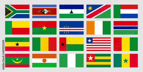 Set flags of Southern and Western Africa, Botswana, Eswatini, Lesotho, Namibia, South Africa, Benin, Burkina Faso, Cape Verde, Cote d Ivoire, Gambia, Ghana, Guinea, Liberia, Mali, Mauritania, Niger photo