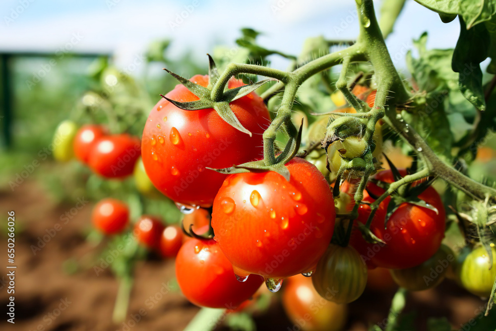 A bunch of wet ripe tomatoes growing on a tomato plant in the garden or greenhouse
