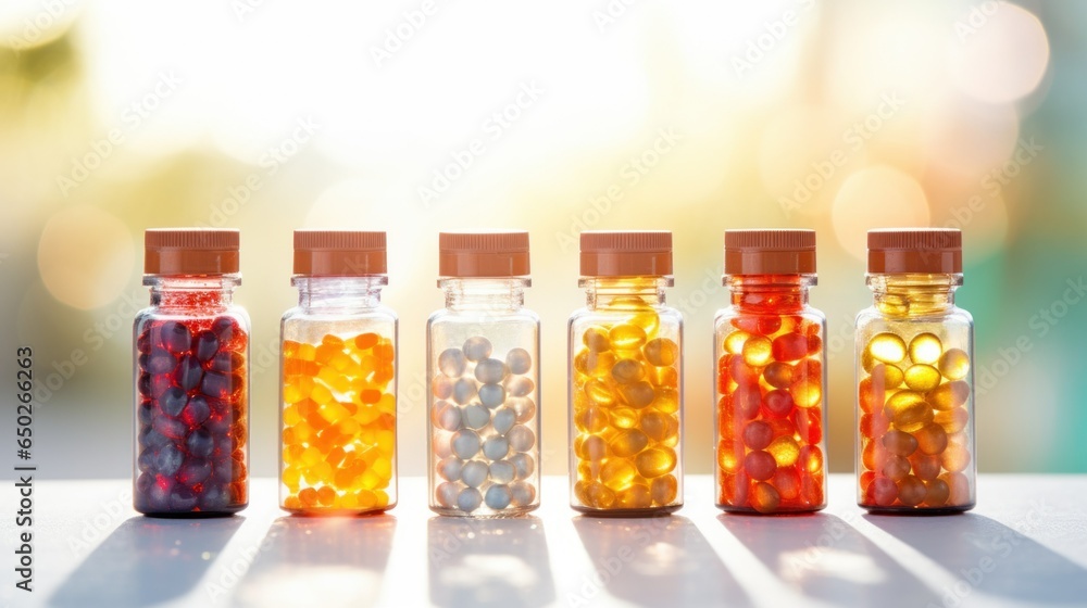 Sunlight and Vitamin D. Many different types of Vitamin D capsules tablets in glass bottles in