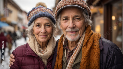 an elderly caucasian couple embraced enjoying themselves on the street, outdoors, their love palpable, reflecting the satisfying retirement of a winter day, with the city covered in snow.
