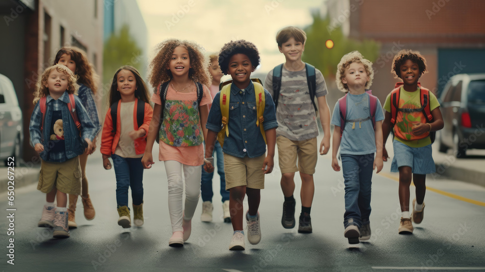 A group of small children go to school on their first day of school