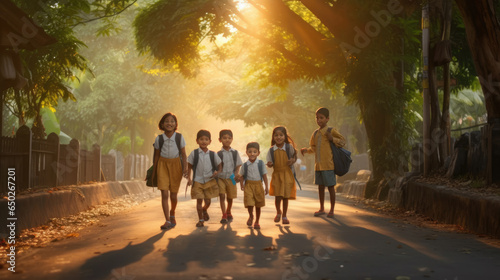 A group of small children go to school on their first day of school