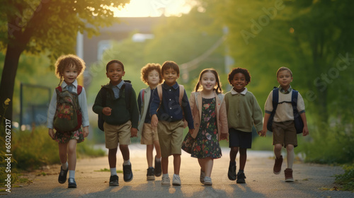 A group of small children go to school on their first day of school