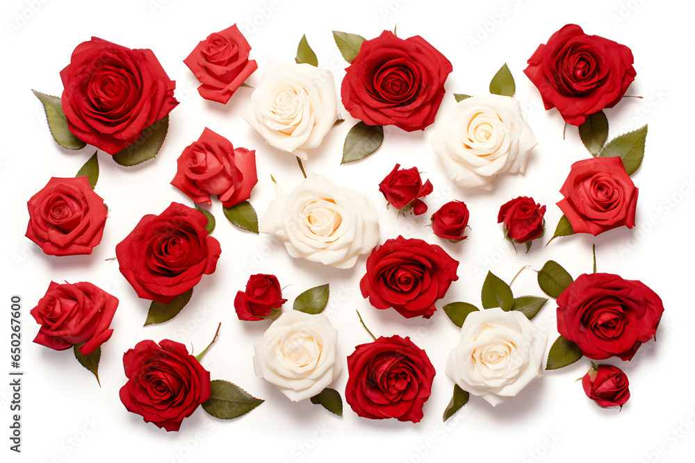 Red and white roses arranged on a white background. Red and white roses arranged on a white background.