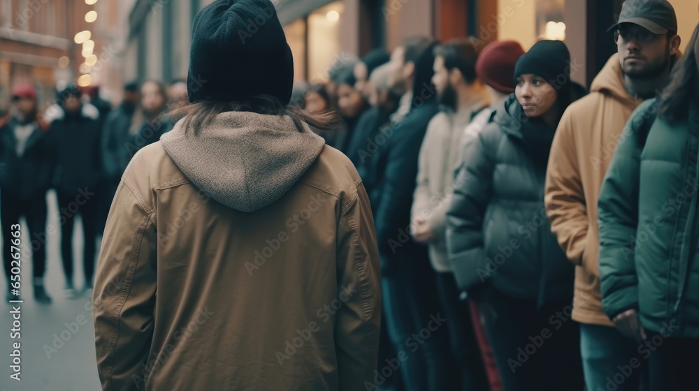 A group of people waiting in line at a store - obrazy, fototapety, plakaty 