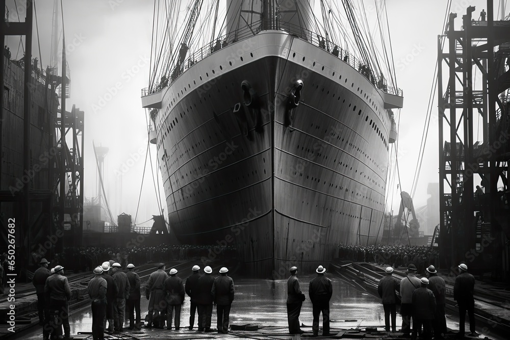 black and white vintage photograph of grandeur of Titanic's construction in 1910, with towering cranes surrounding the colossal hull. Workers in period attire diligently toil in dry dock. AI-generated - obrazy, fototapety, plakaty 