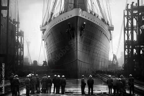black and white vintage photograph of grandeur of Titanic's construction in 1910, with towering cranes surrounding the colossal hull. Workers in period attire diligently toil in dry dock. AI-generated photo