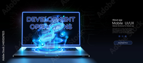 Developing of internet app or online website service. Devops software development operations infinity symbol. Landing page layout or banner template. Vector illustration
