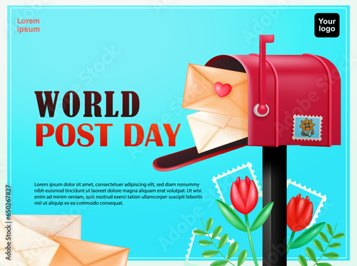 World Postal Day. Mailbox containing a love letter, with tulip flower elements. 3d vector, suitable for events and design elements