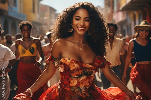 Young happy smiling beautiful woman dancing on caribbean city streets in orange dress photo