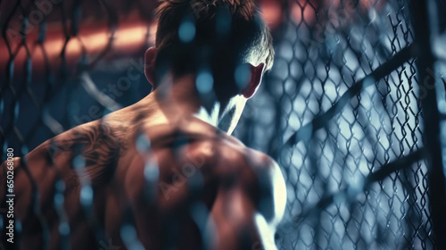 Close-up shot of MMA boxing athlete in the ring with cage