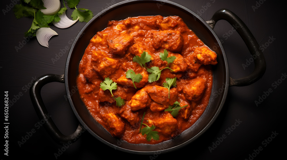 Top view tasty food chicken tikka plate isolated on a black background Top view tasty food chicken tikka plate isolated on a black background