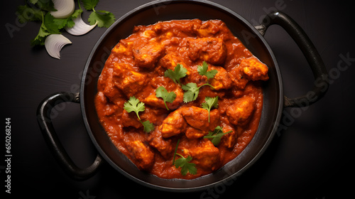 Top view tasty food chicken tikka plate isolated on a black background