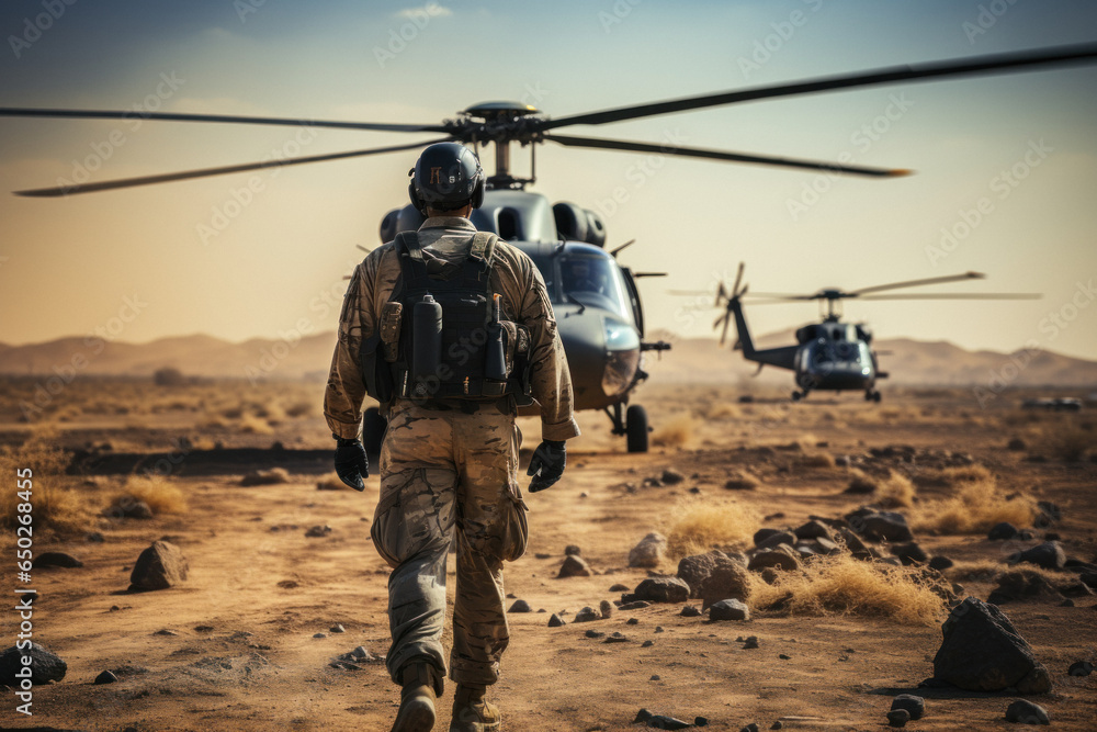 Soldiers in helmet in desert on the background of military helicopter Soldiers in helmet in desert on the background of military helicopter