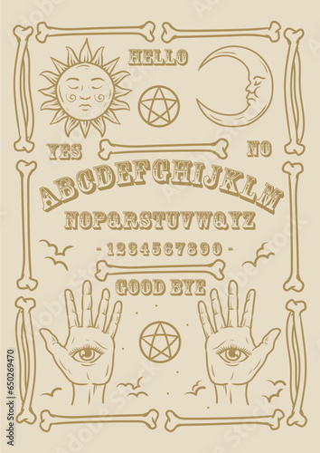 Ouija Board Illustration. Brown symbols of moon, sun, texts and alphabet. Gothic typography. Ghosts and demons calling game.