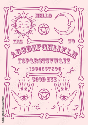 Ouija Board Illustration. Purple symbols of moon, sun, texts and alphabet. Gothic typography. Ghosts and demons calling game.